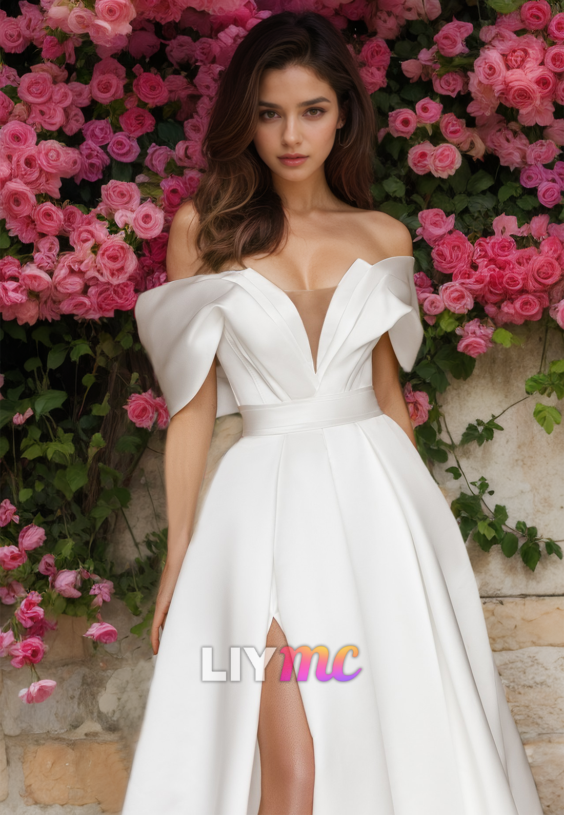 V-Neck Strapless Sleek Satin Pleated A-Line Classic Wedding Dress