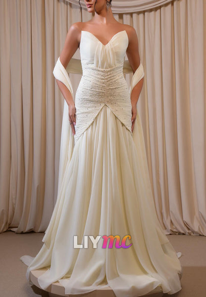 V-Neck Strapless Pleated Beaded A-Line Wedding Dress