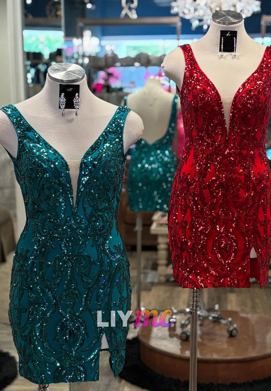 V-Neck Straps Sequins Appliques Fitted Sheath Homecoming Dress