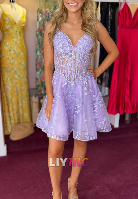 V-Neck Straps Appliques A-Line Party Homecoming Dress