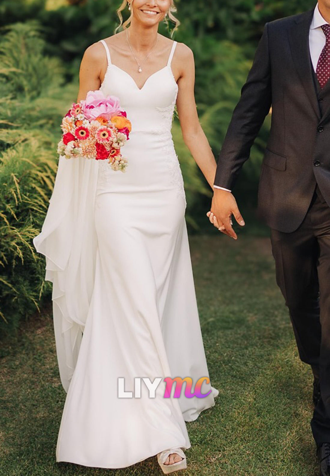 V-Neck Straps Appliques Backless Mermaid Wedding Dress