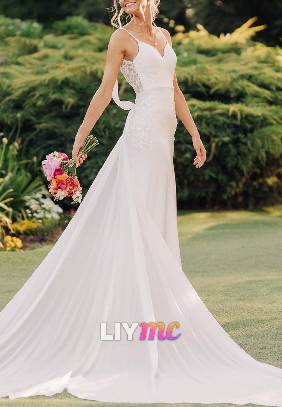 V-Neck Straps Appliques Backless Mermaid Wedding Dress