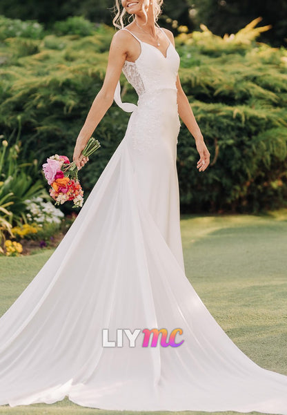 V-Neck Straps Appliques Backless Mermaid Wedding Dress