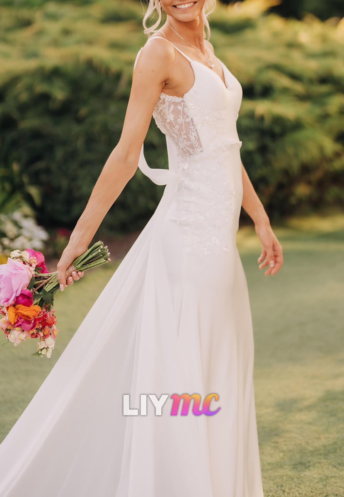 V-Neck Straps Appliques Backless Mermaid Wedding Dress