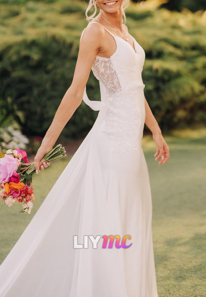 V-Neck Straps Appliques Backless Mermaid Wedding Dress