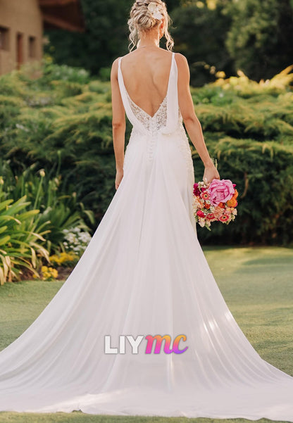V-Neck Straps Appliques Backless Mermaid Wedding Dress
