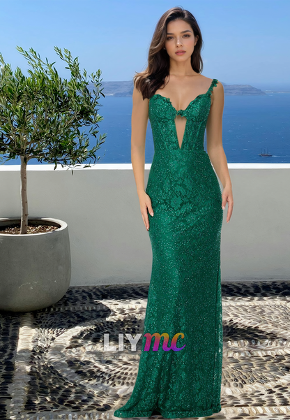 V-Neck Straps Appliques Beaded Mermaid Prom Dress