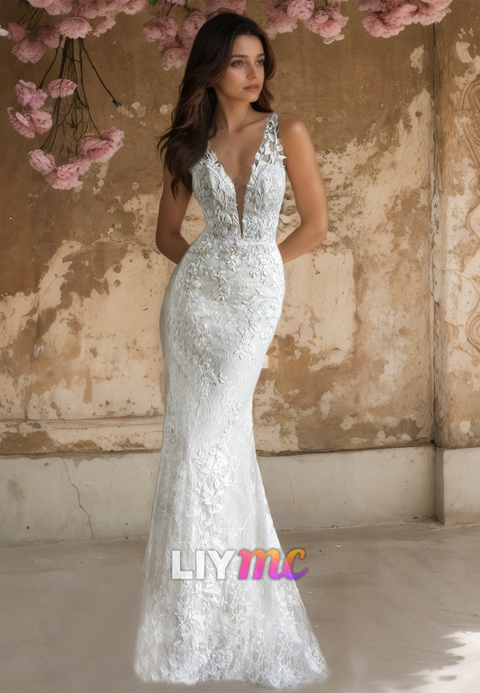 V-Neck Straps Appliques Mermaid Elegant Wedding Dress