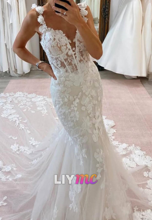 V-Neck Straps Appliques Mermaid Wedding Dress