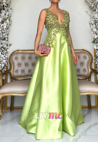 V-Neck Straps Appliques Sleek A-Line Mother of Bride Dress