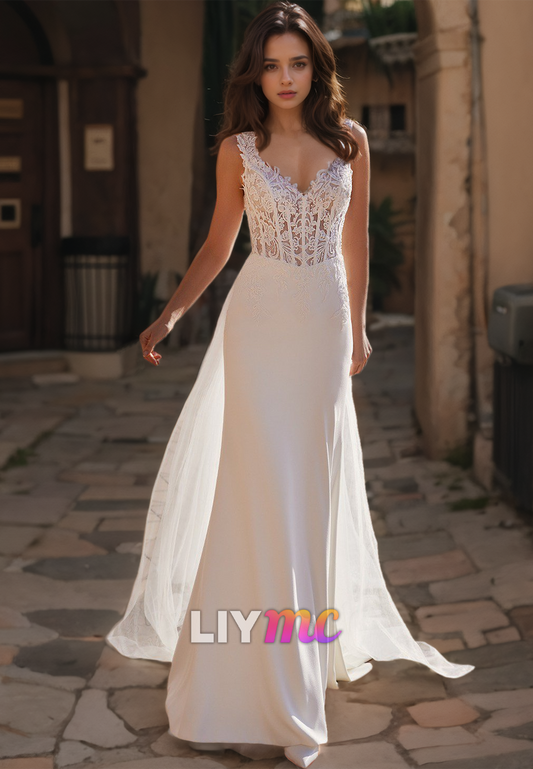 V-Neck Straps Appliques Sleek Mermaid Beach Wedding Dress