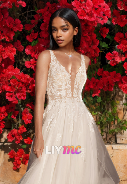 V-Neck Straps Appliques Sleeveless Tulle A-Line Wedding Dress