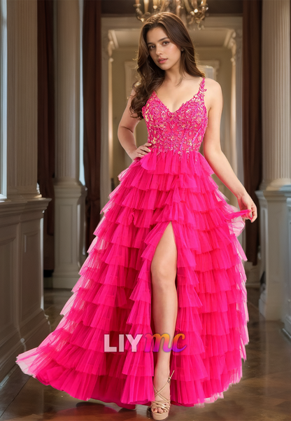 V-Neck Straps Appliques Tiered Side Slit Tulle Ball Gown Prom Dress