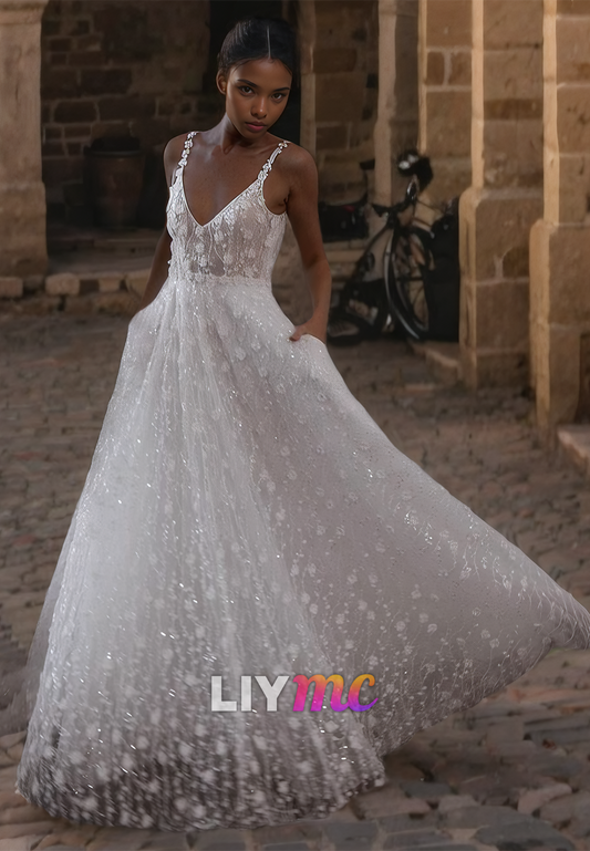 V-Neck Straps Appliques Tulle A-Line Beach Wedding Dress