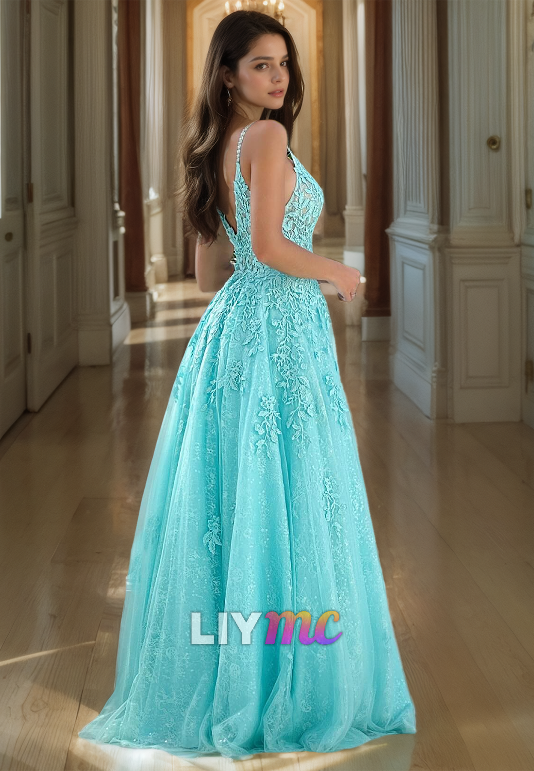 V-Neck Straps Appliques Tulle A-Line Prom Dress