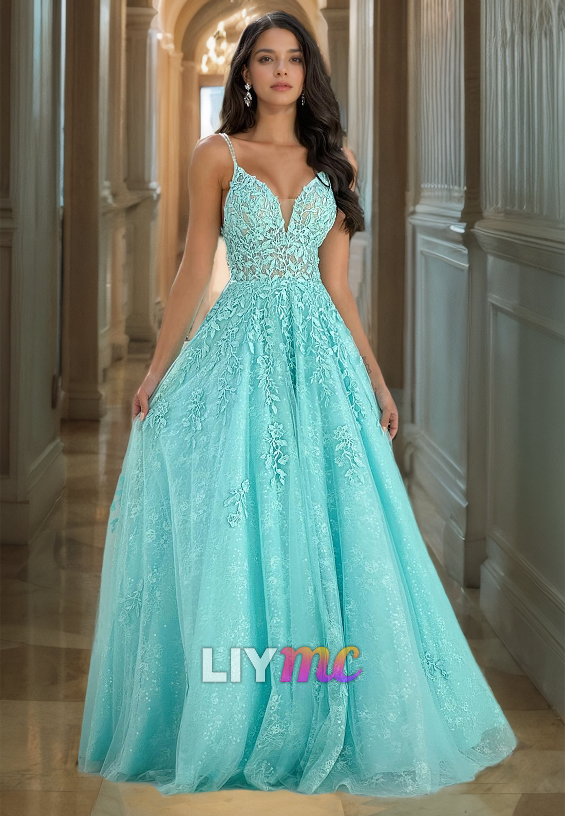 V-Neck Straps Appliques Tulle A-Line Prom Dress