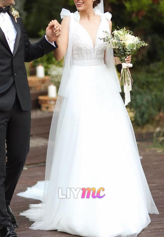 V-Neck Straps Appliques Tulle A-Line Wedding Dress