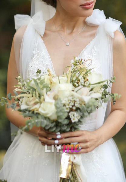 V-Neck Straps Appliques Tulle A-Line Wedding Dress