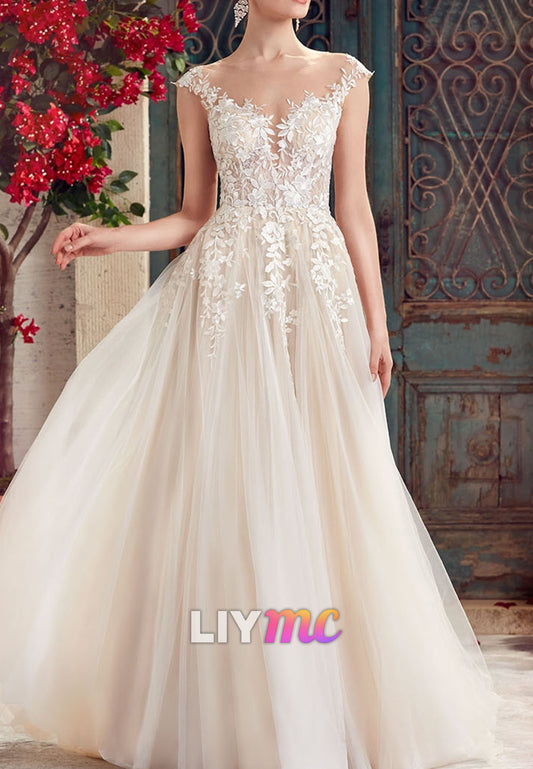 V-Neck Straps Appliques Tulle A-Line Wedding Dress