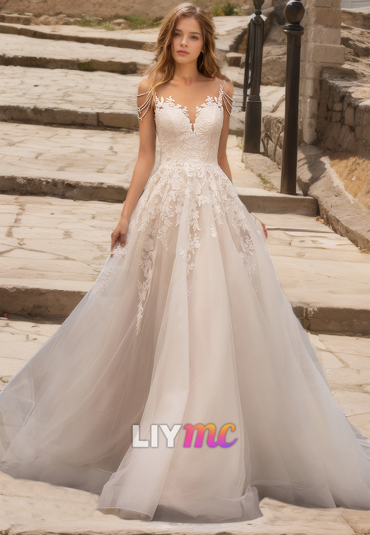 V-Neck Straps Appliques Tulle Ball Gown Wedding Dress