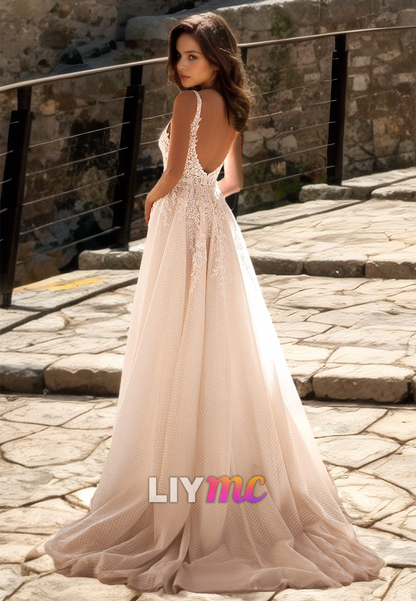 V-Neck Straps Appliques Tulle Pleated A-Line Wedding Dress