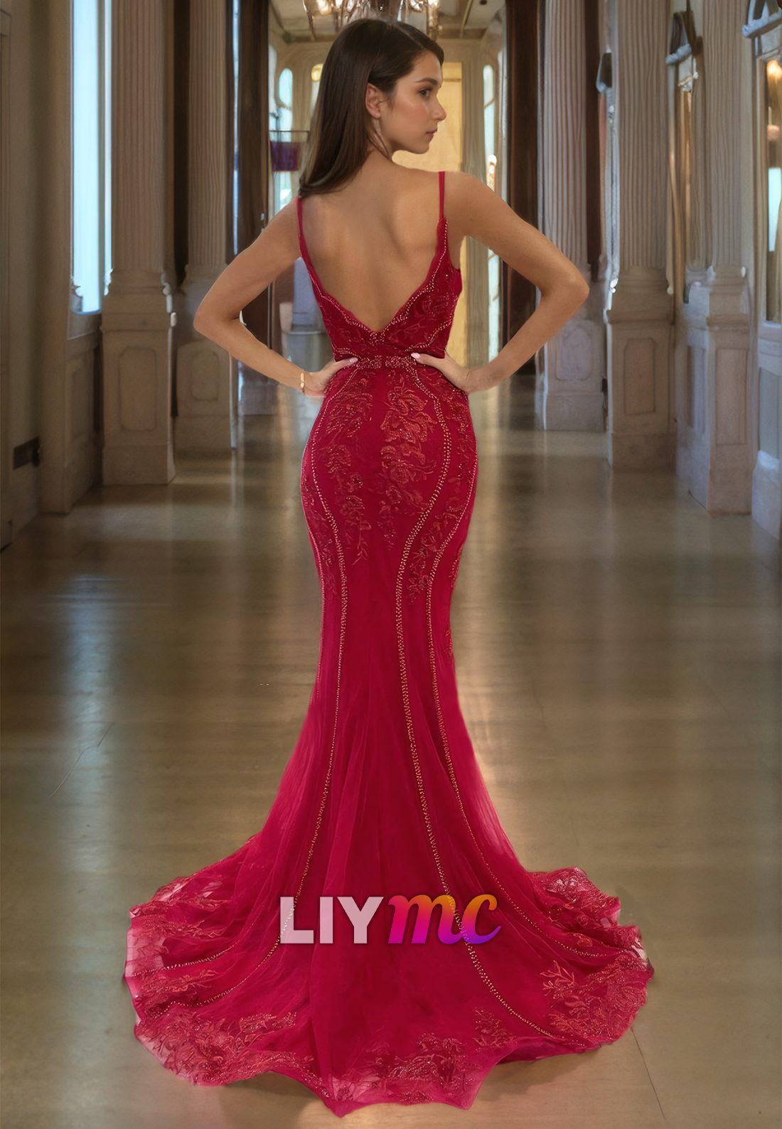 V-Neck Straps Appliques Tulle Sleeveless Mermaid Burgundy Prom Dress