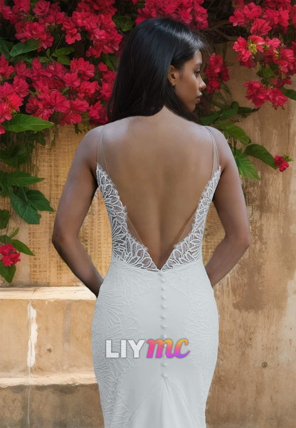 V-Neck Straps Backless Appliques Sleek Mermaid Beach Wedding Dress