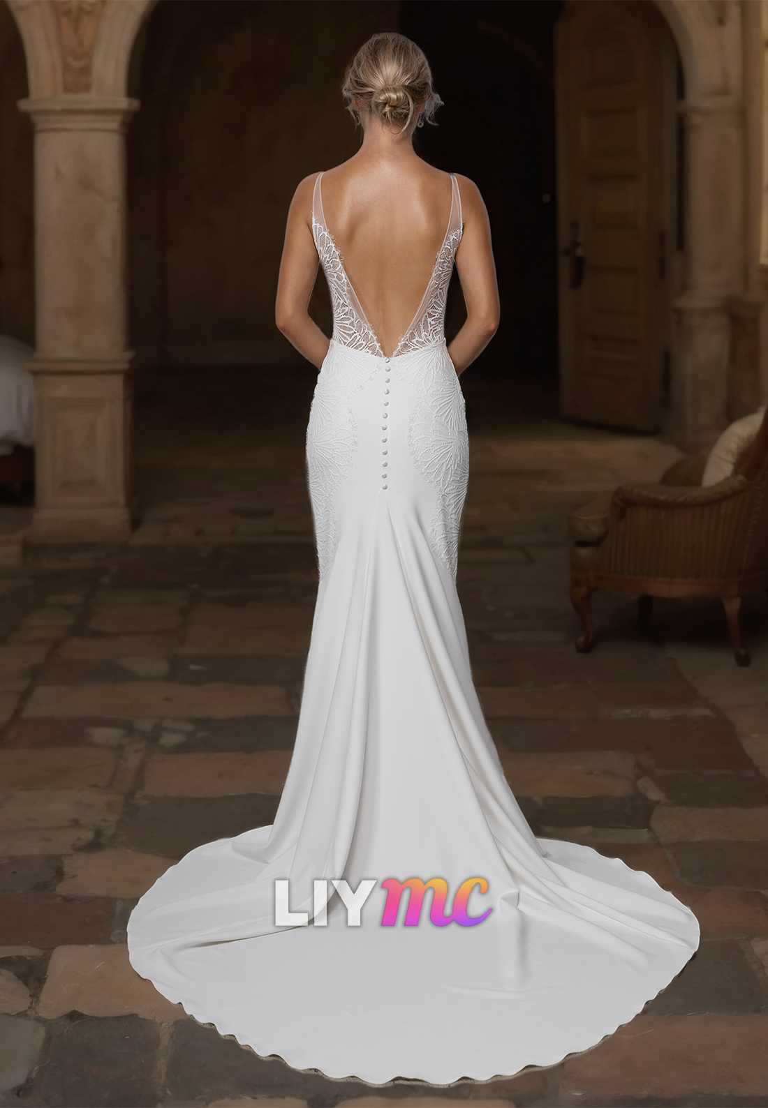 V-Neck Straps Backless Appliques Sleek Mermaid Beach Wedding Dress