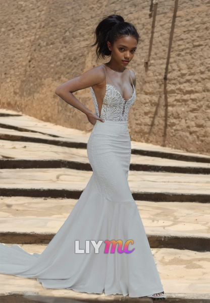 V-Neck Straps Backless Appliques Sleek Mermaid Beach Wedding Dress