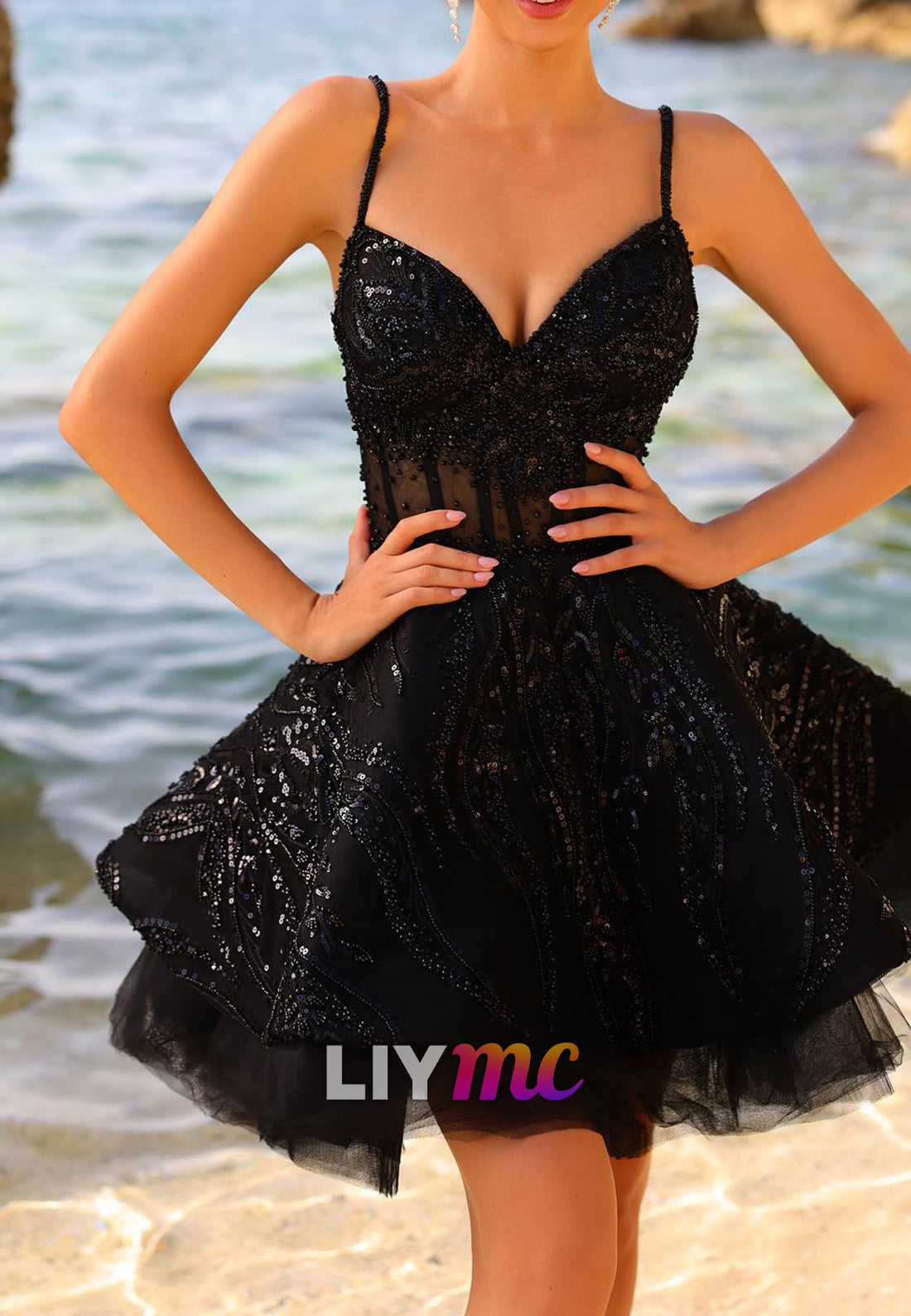 V-Neck Straps Beaded Embroidery A-Line Sparkly Party Homecoming Dress