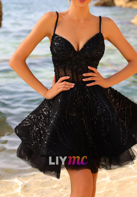 V-Neck Straps Beaded Embroidery A-Line Sparkly Party Homecoming Dress