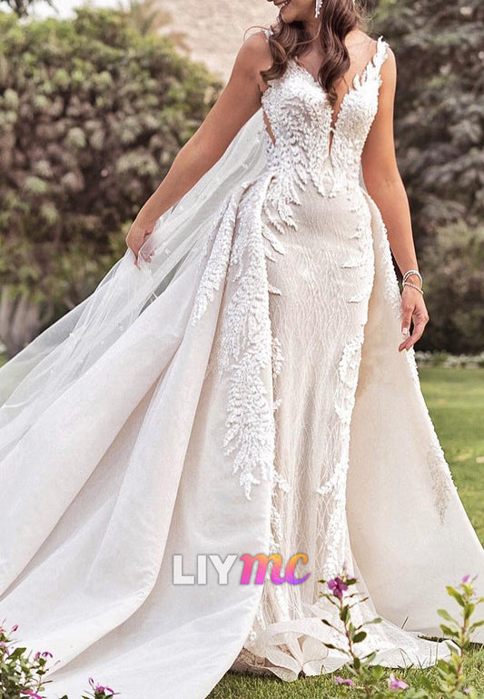 V-Neck Straps Beaded Embroidery Appliques Mermaid Wedding Dress