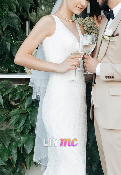 V-Neck Straps Beaded Embroidery Mermaid Wedding Dress