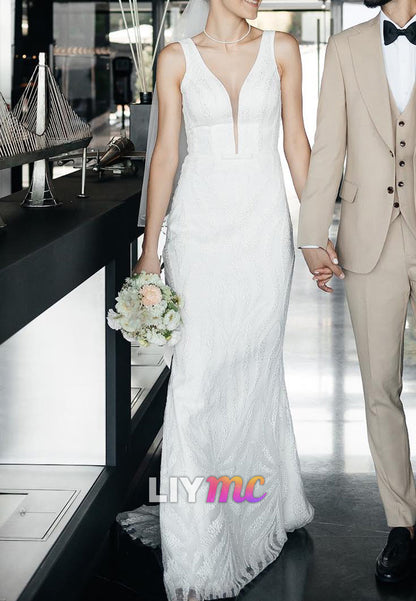 V-Neck Straps Beaded Embroidery Mermaid Wedding Dress