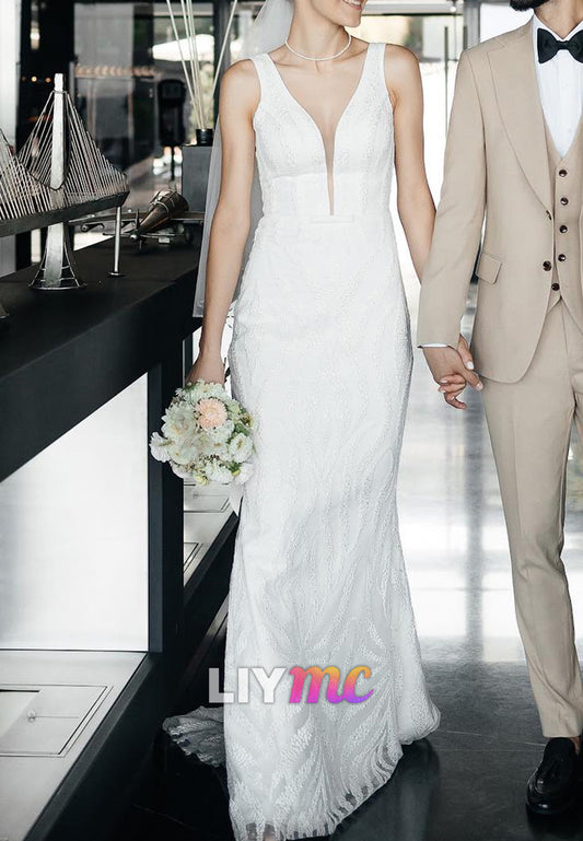 V-Neck Straps Beaded Embroidery Mermaid Wedding Dress