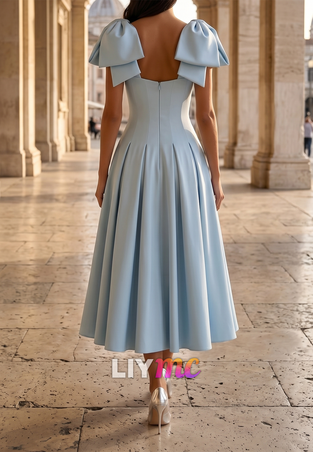 V-Neck Straps Bow A-Line Wedding Guest Dress