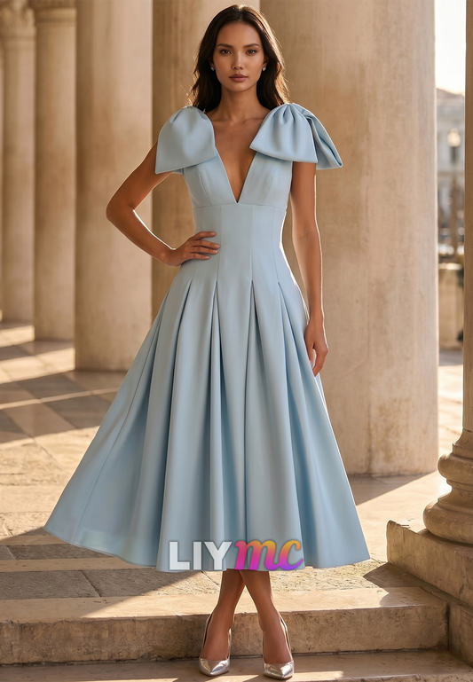 V-Neck Straps Bow A-Line Wedding Guest Dress