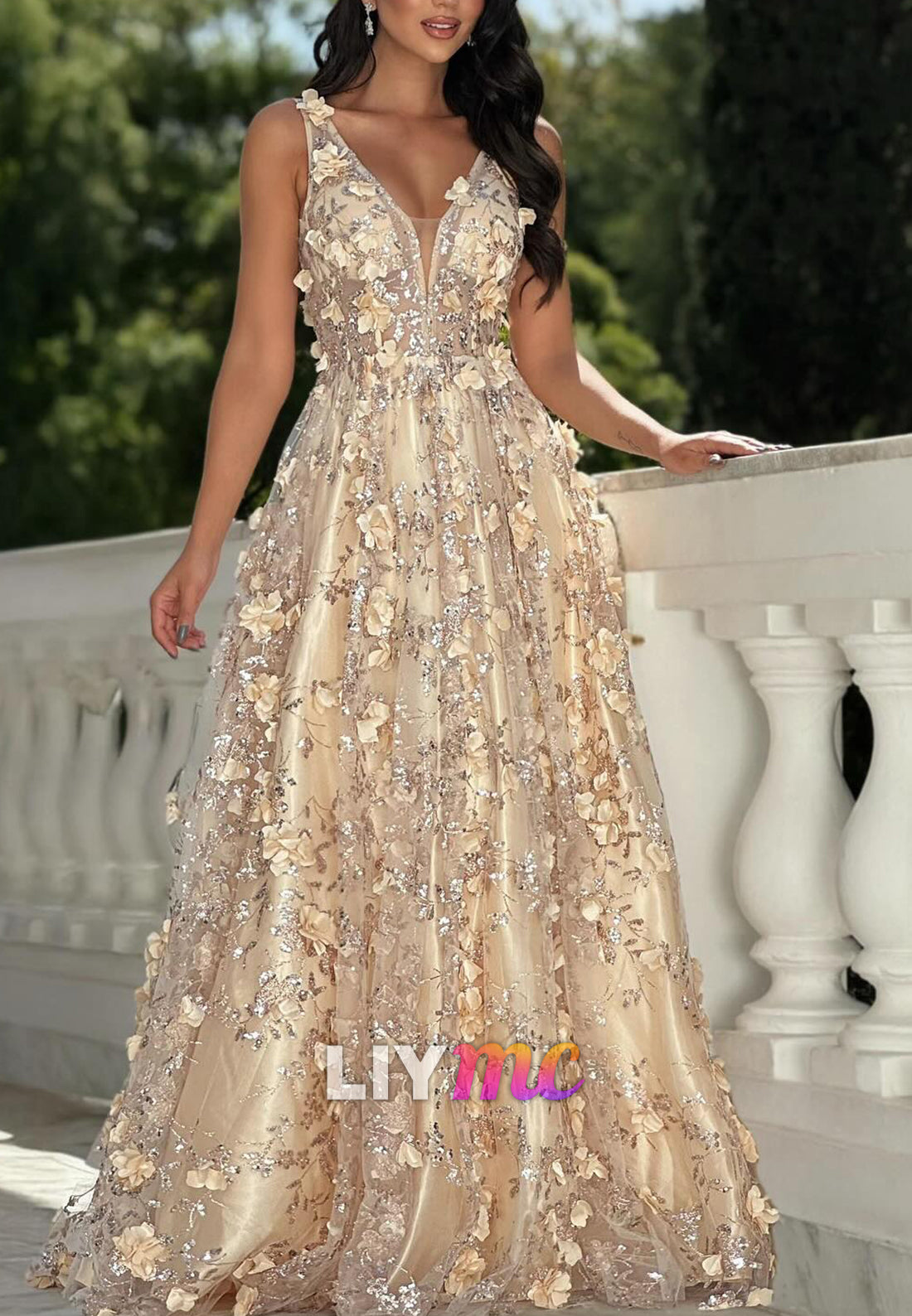 V-Neck Straps Floral Embellished Sparkly A-Line Prom Dress