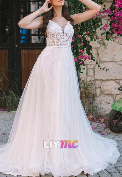 V-Neck Straps Lace Appliques A-Line Boho Wedding Dress