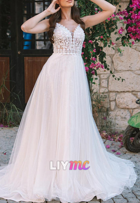 V-Neck Straps Lace Appliques A-Line Boho Wedding Dress