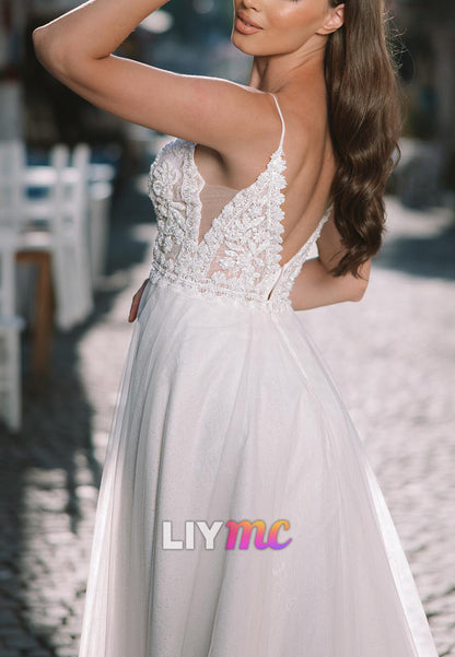 V-Neck Straps Lace Appliques A-Line Boho Wedding Dress