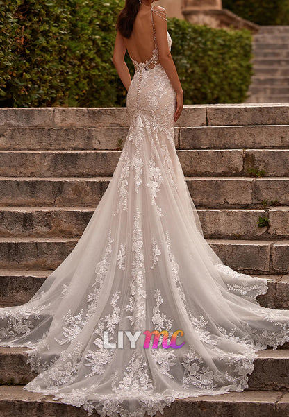V-Neck Straps Lace Appliques Mermaid Wedding Dress