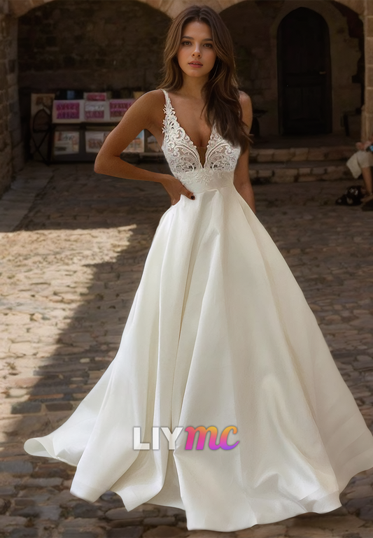 V-Neck Straps Lace Appliques Pleated A-Line Wedding Dress