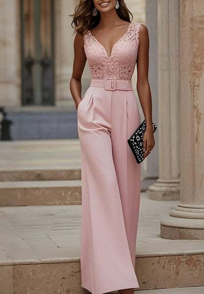 V-Neck Straps Party Appliques Belt Jumpsuit