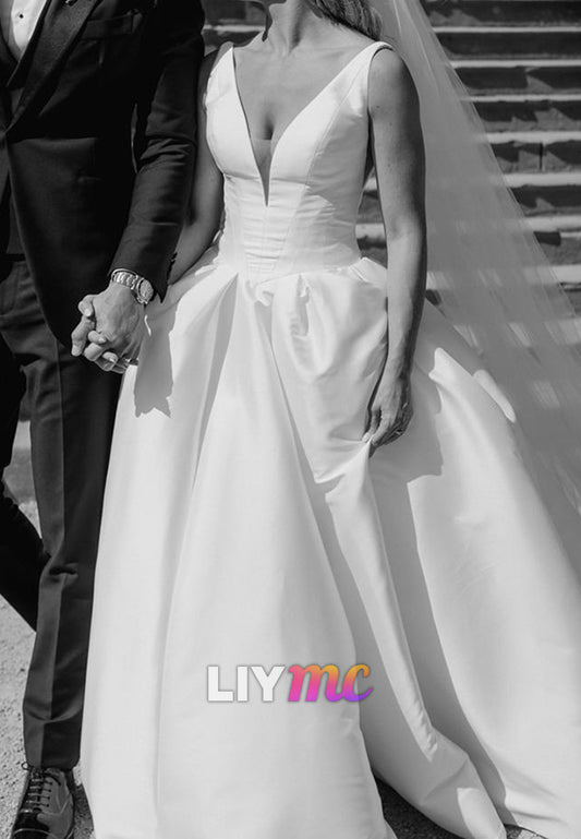 V-Neck Straps Pleated A-Line Classic Wedding Dress