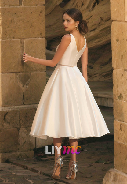 V-Neck Straps Pleated Satin A-Line Sleek Knee-Length Wedding Dress