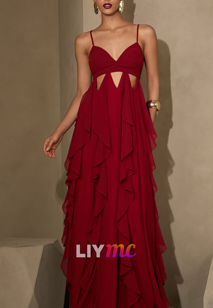 V-Neck Straps Ruffles A-Line Wedding Guest Dress