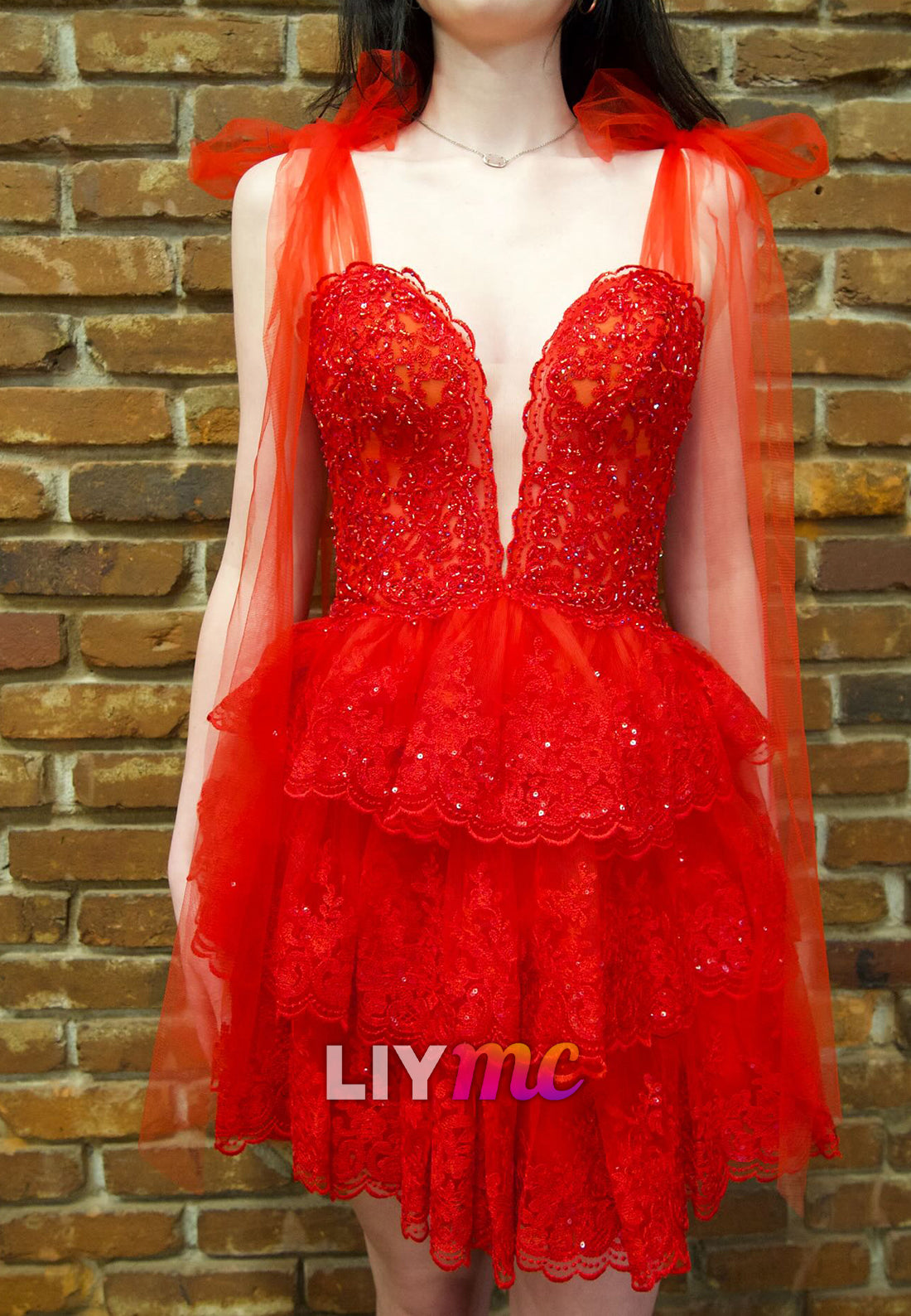 V-Neck Straps Sequins Appliques Tiered A-Line Homecoming Dress
