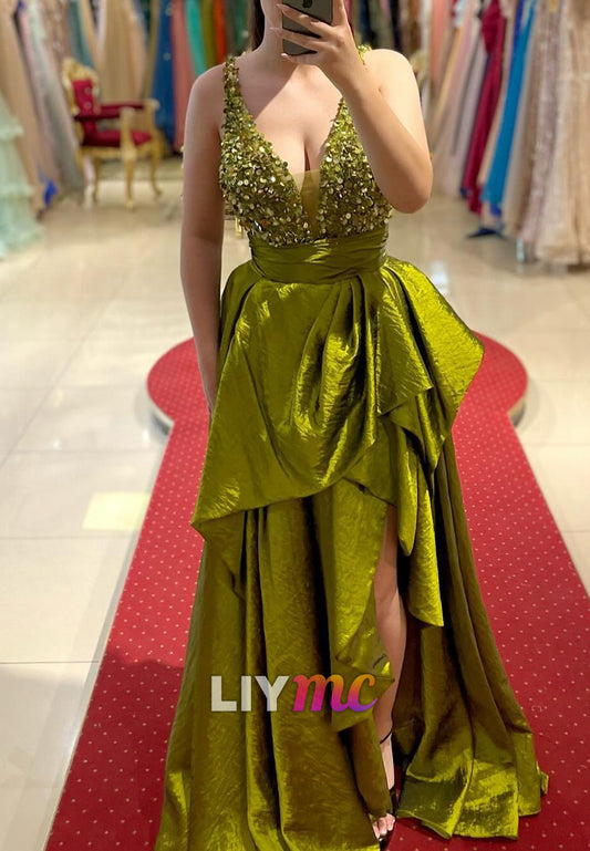 V-Neck Straps Sequins Ruched A-Line Evening Dress