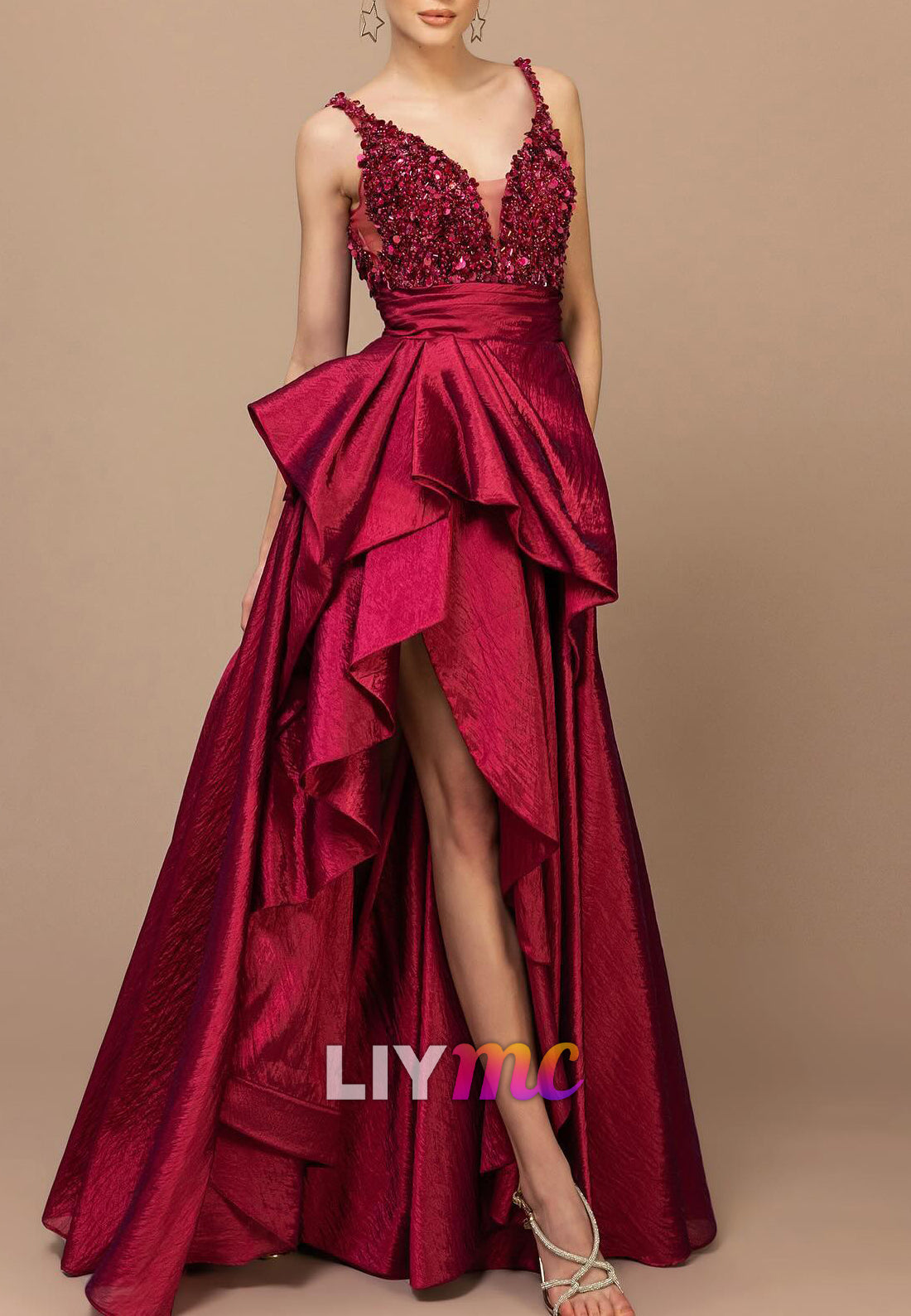 V-Neck Straps Sequins Ruched A-Line Evening Dress